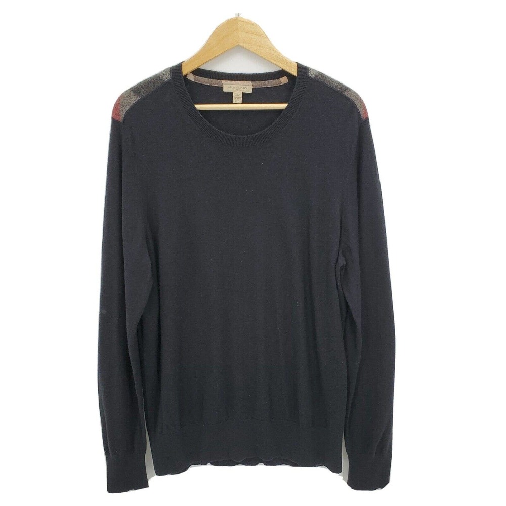 Burberry Brit Mens Crewneck Sweater Cashmere Cotton Blend Plaid Patches Size XXL
